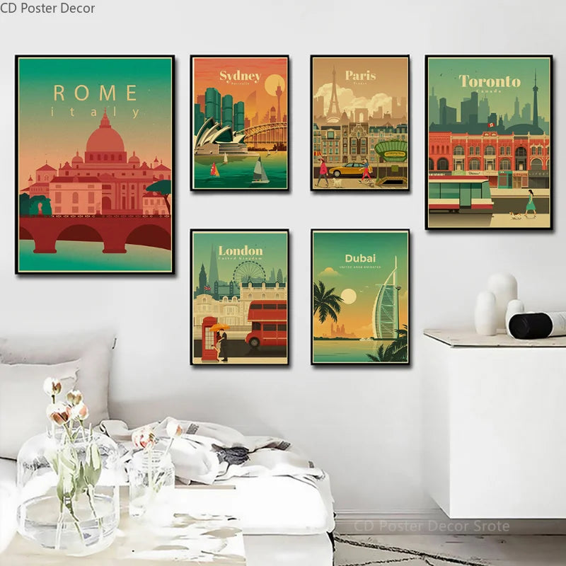 affiche rétro des villes du monde art mural vintage