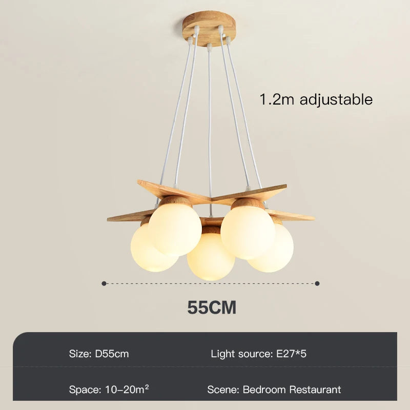 lustre en bois nordique avec boule de verre blanc laiteux