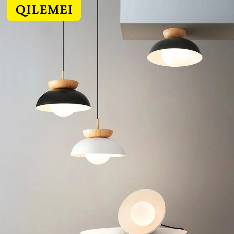 Suspension moderne à leds en bois avec abat-jour métal minimaliste - vue 6 sur 10