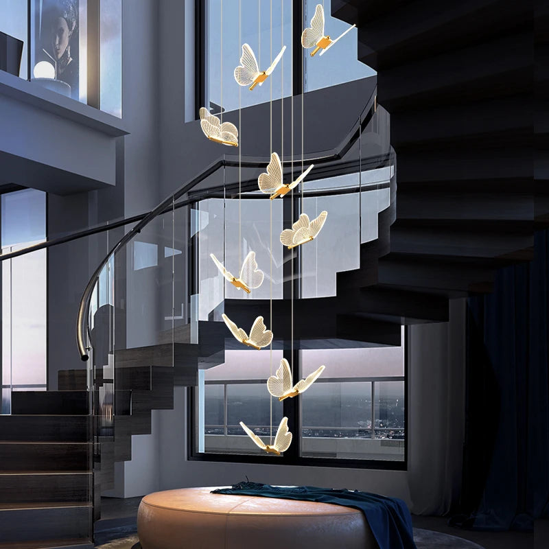 lustre d'escalier moderne acrylique forme de papillon Duplex salon salle à manger Art LED lustre d'escalier lustre en cristal - vue 4 sur 13