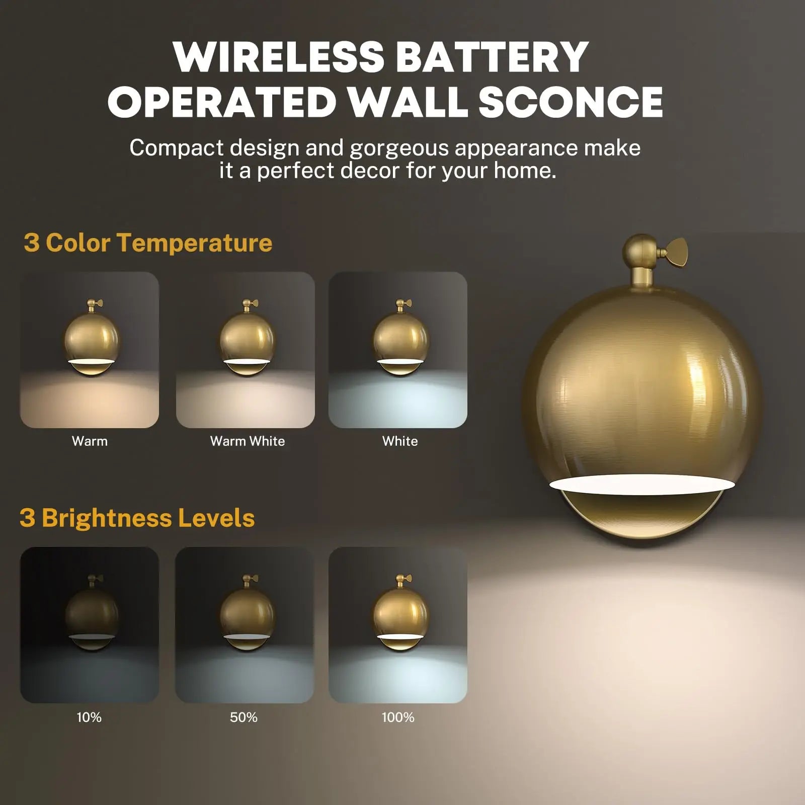 Gold Wall Sconces Battery Operated, Not Hardwired Dimmable, Battery Wall Sconce Wireless Wall Lamp for Bedroom, Bulb Included - vue 5 sur 7