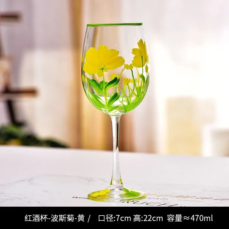 Verres à vin hauts floraux dessinés main lot