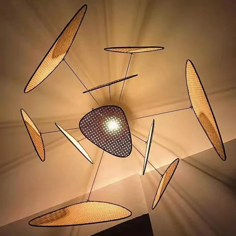 Postmodern LED lustres de plafond feuille grille rurale fait à la main en rotin suspension lumière maison salon chambre Art décor suspension lampe