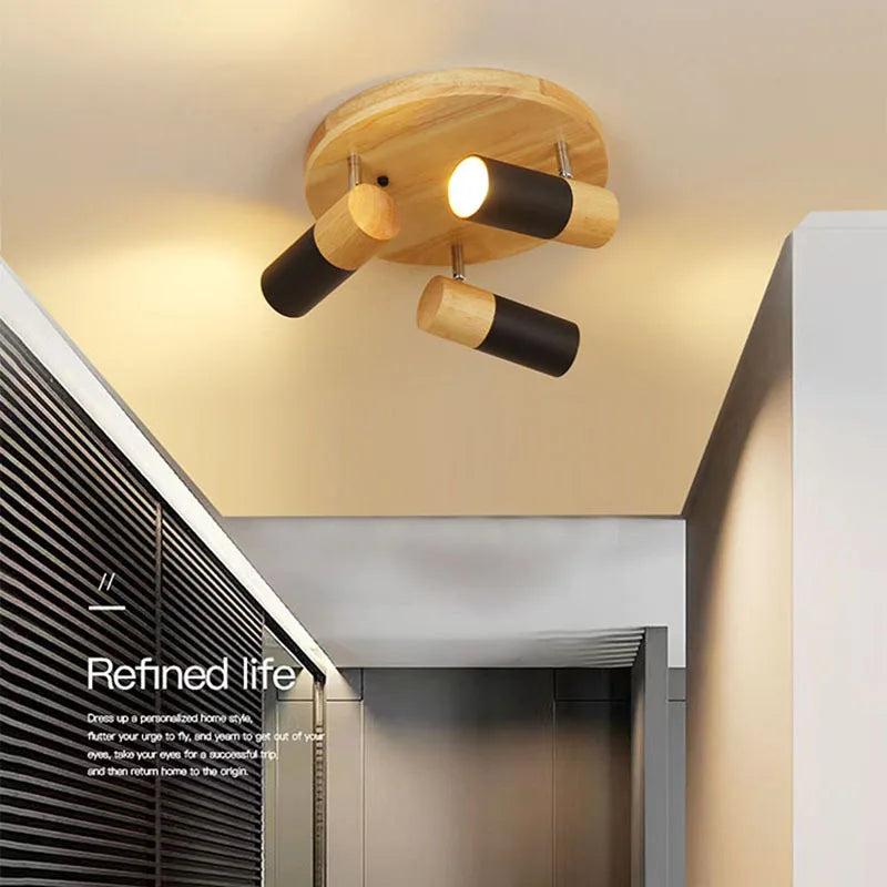 plafonnier nordique en bois à led rotatif multi-têtes décoratif - vue 3 sur 10