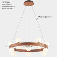 lustre rond en noyer avec ampoules en verre led moderne