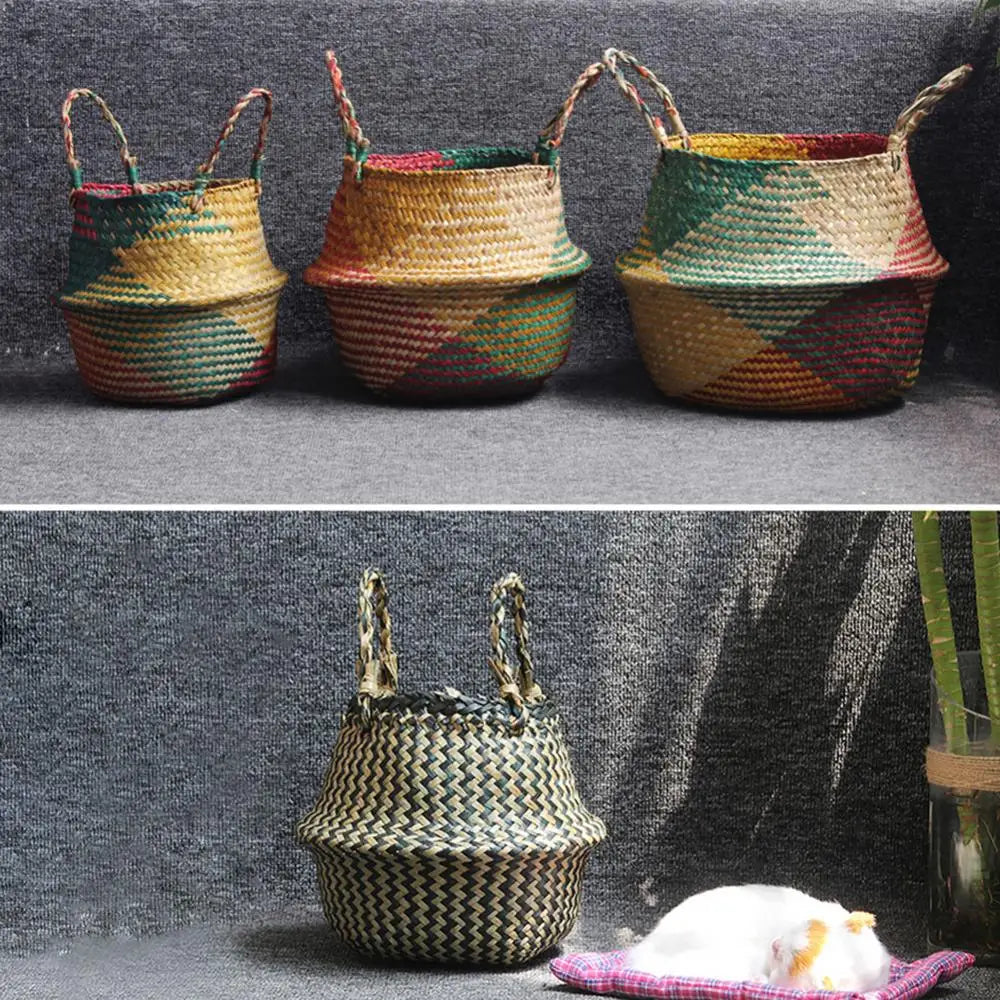 Panier de rangement en paille avec poignée pliable pour fleurs et linge
