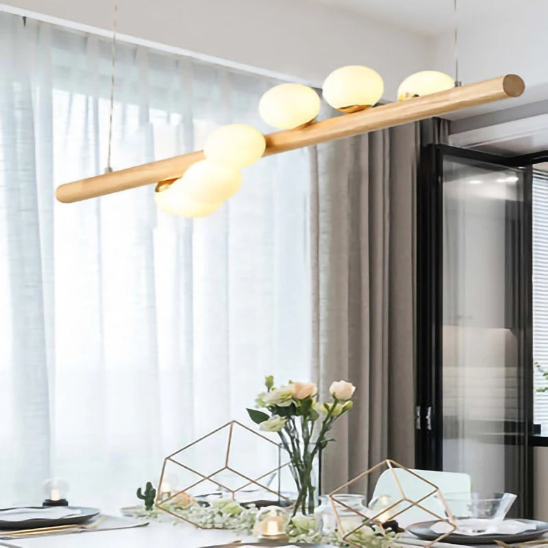 LED longue suspension en bois lumières moderne boule de verre lustre Art Design Luminaire en bois G9 suspension pour éclairage de salle à manger - vue 11 sur 10