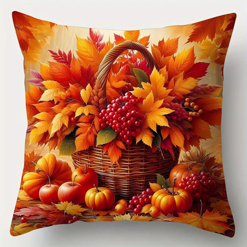 housse de coussin décorative motif feuilles d'automne et panier