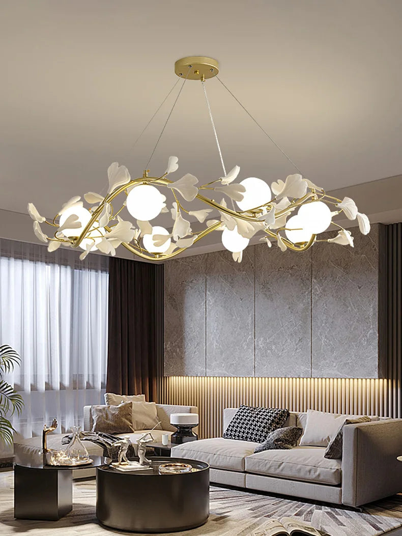 lustre en feuilles de ginkgo avec éclairage led décoratif moderne - vue 6 sur 8