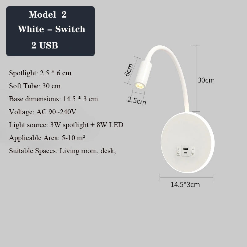 applique murale led réglable avec ports usb design moderne - vue 8 sur 22