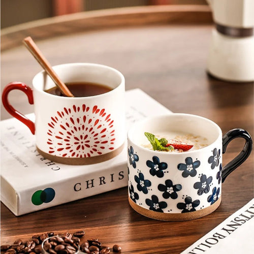 Mug ceramique japonais retro fleurs cerisier peint main