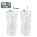 Gobelet verre rayé 600 ml avec couvercle paille