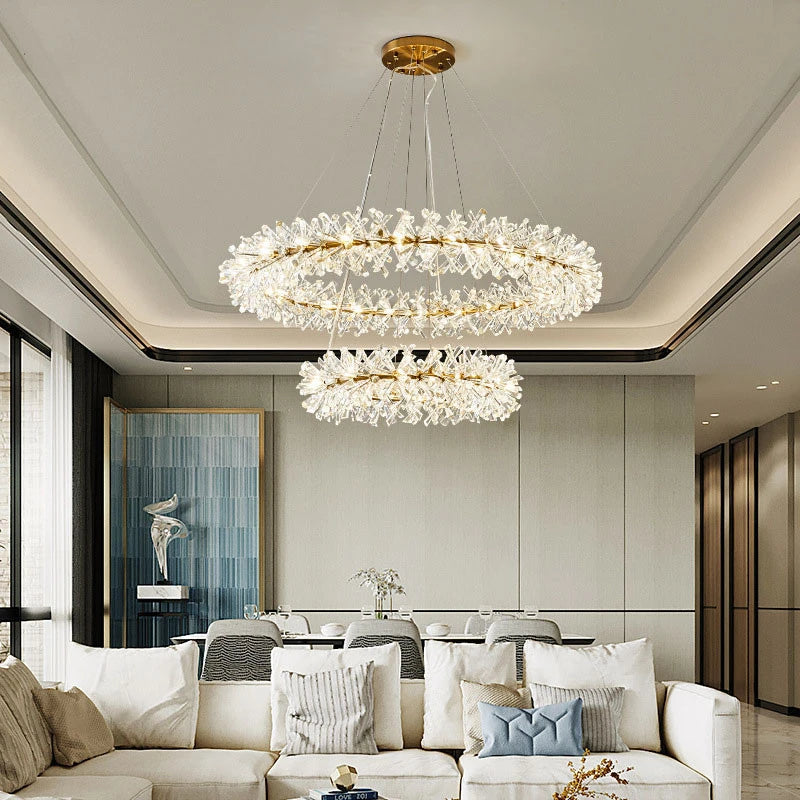 lustre en cristal fleur luminaire de luxe avec anneaux ronds