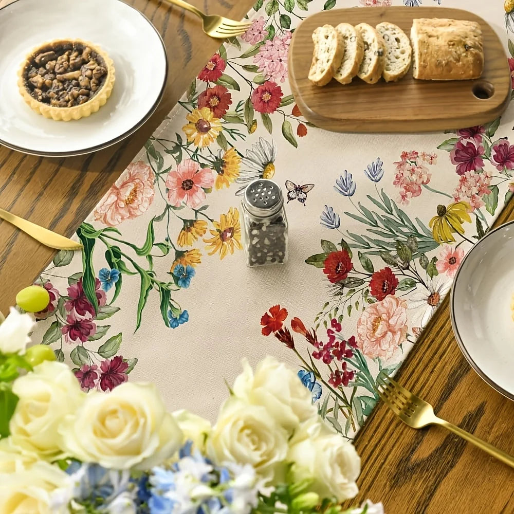 Chemin de table en lin motif fleurs papillons - vue 3 sur 6