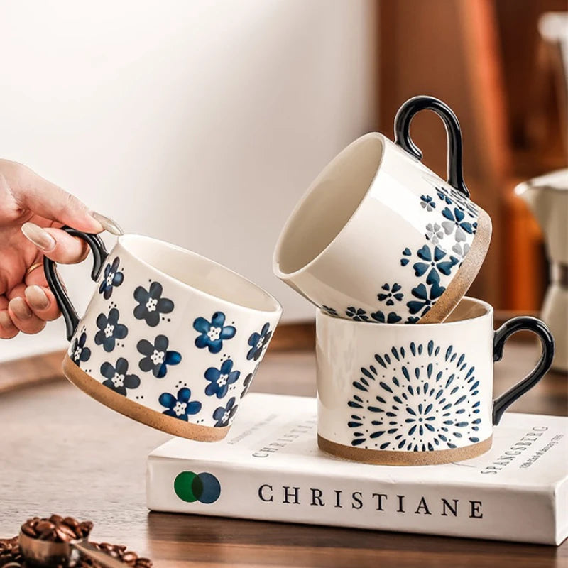 Mug ceramique japonais retro fleurs cerisier peint main - vue 2 sur 7