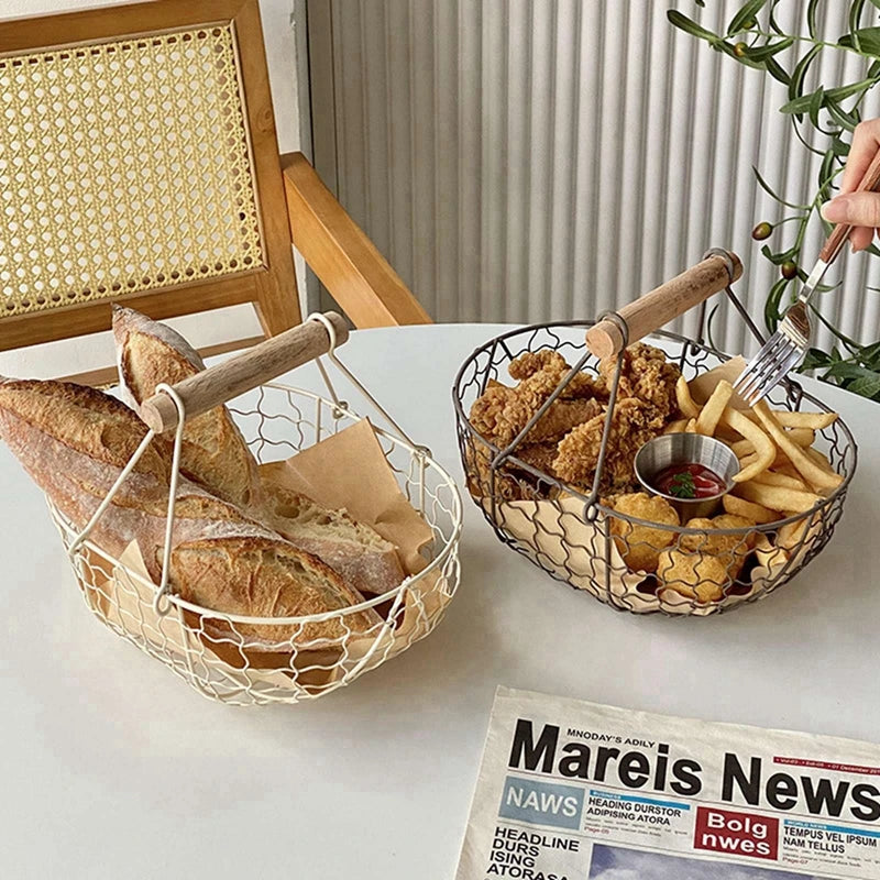 panier en fer pour fruits légumes et pain avec poignée en bois - vue 5 sur 10