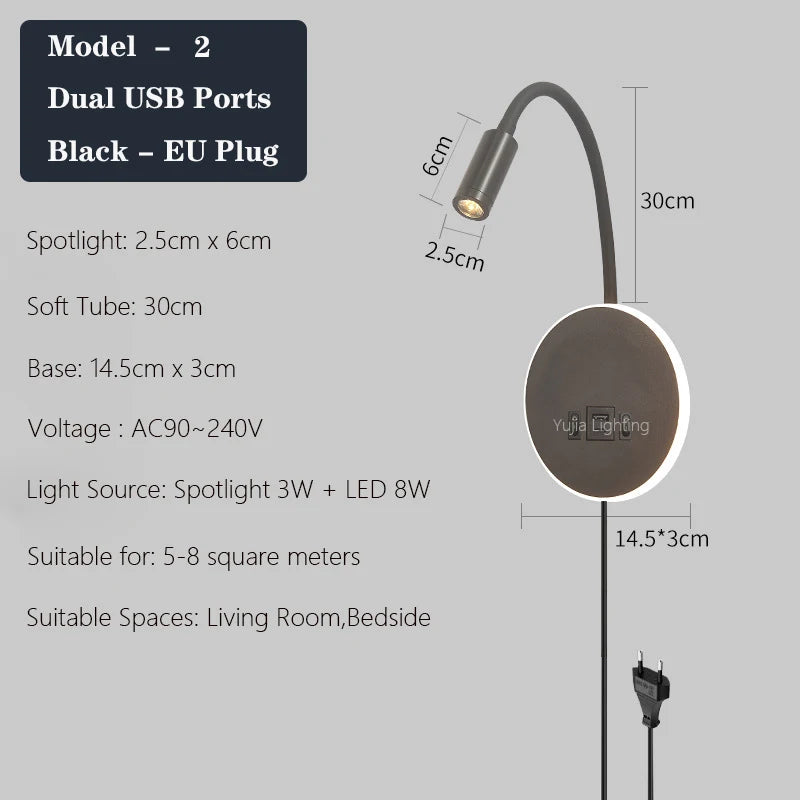 applique murale led réglable avec ports usb design moderne - vue 15 sur 22