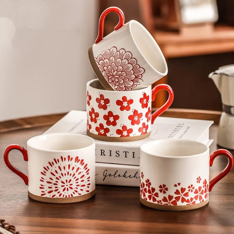 Mug ceramique japonais retro fleurs cerisier peint main - vue 5 sur 7