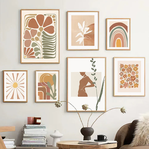 art mural boho minimaliste soleil arc-en-ciel fleurs feuilles décoratif