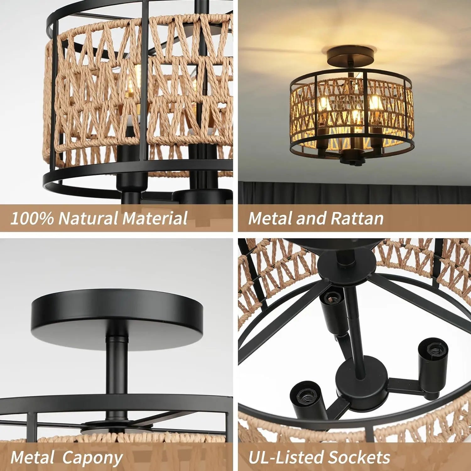 Plafonnier à trois lampes pour chambre à coucher salon plafonnier E12 lampes de plafond en corde de papier AC 110V luminaires décoratifs - vue 3 sur 6