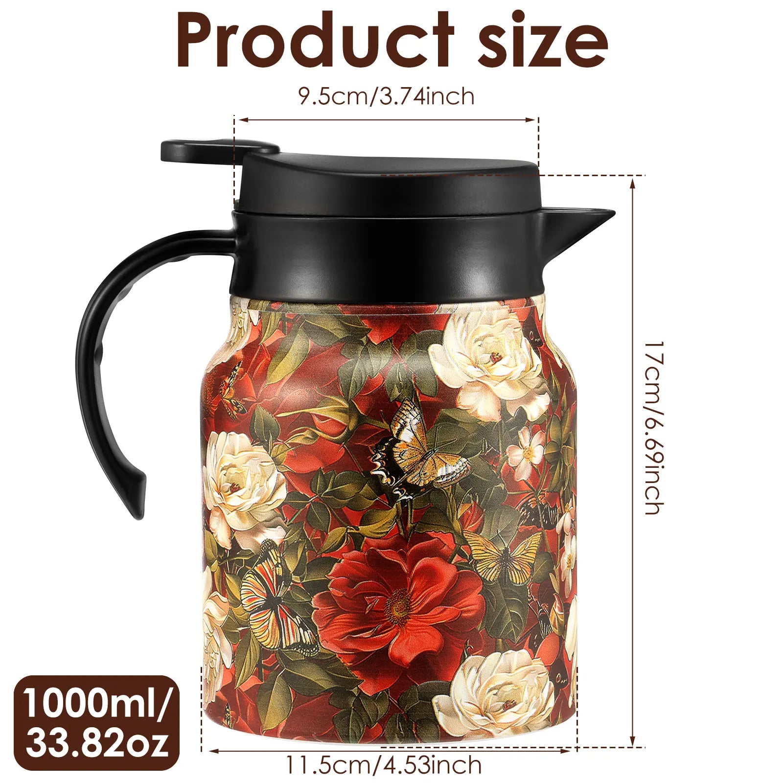 Theiere isotherme vintage motif floral inox avec infuseur