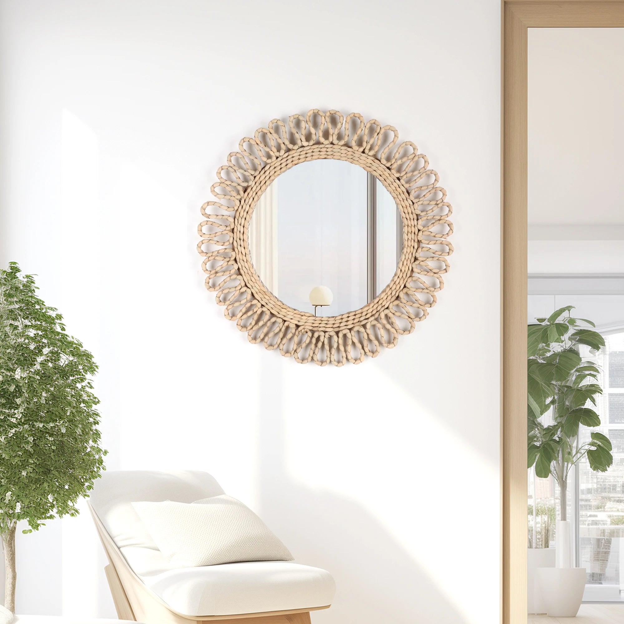 Miroir mural circulaire bohème tissé pour décoration intérieure