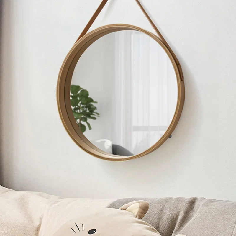 miroir mural rond avec bordure en bois épais - vue 5 sur 7
