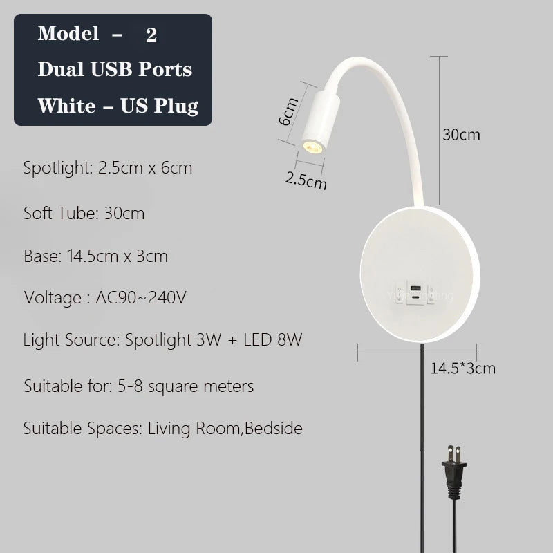 applique murale led réglable avec ports usb design moderne - vue 12 sur 22