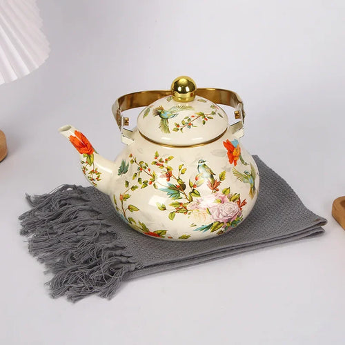 Bouilloire émail vintage motif floral poignée dorée 15l