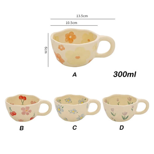 Mug ceramique artisanal motif fleurs forme irreguliere 300ml