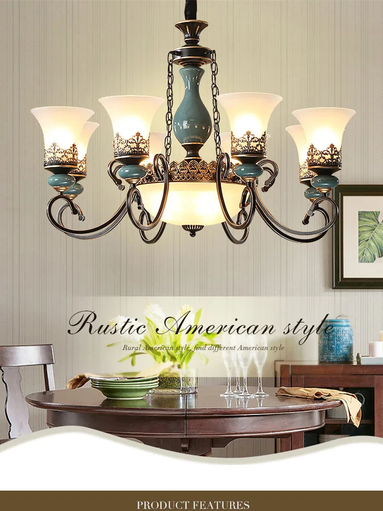 lustre rétro européen en céramique avec abat-jour en verre
