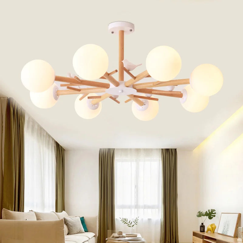lustre en bois naturel avec abat-jour rond en verre moderne