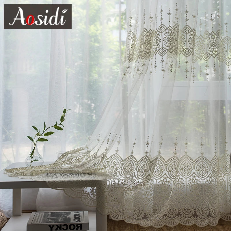 Voilage brodé tulle transparent style moderne salon chambre