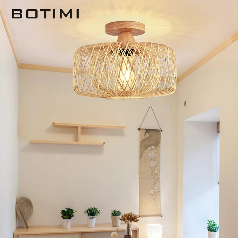 Plafonnier en bois moderne avec abat-jour en osier - vue 4 sur 6