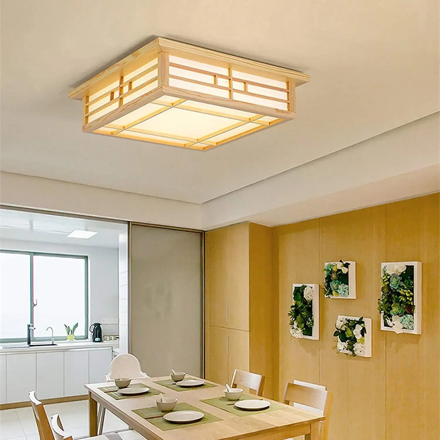 plafonnier led encastré en bois style japonais avec télécommande