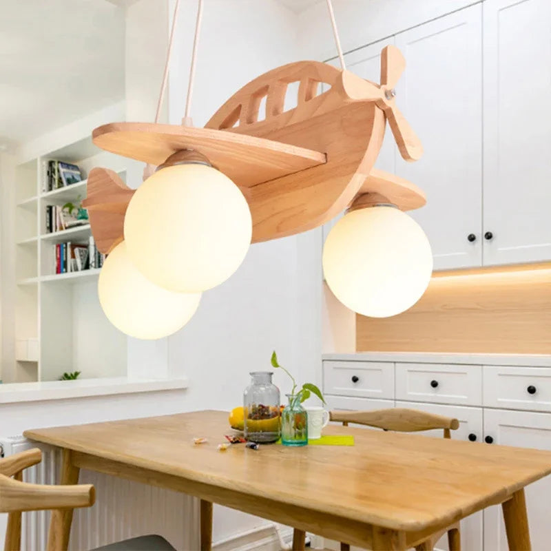 lustre en bois avion pour chambre d'enfant à led - vue 4 sur 7