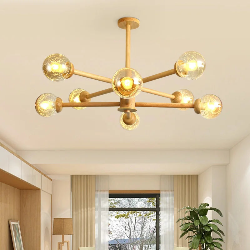 lustre moderne en bois avec abat-jour en verre pour décoration maison - vue 6 sur 10