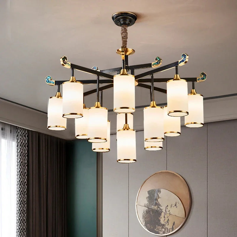 lustre chinois minimaliste en cuivre avec lumières led décor luxe
