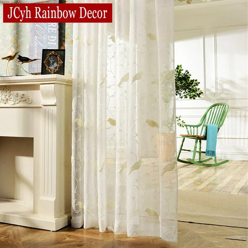 Voilage tulle brodé oiseaux style champêtre pour salon