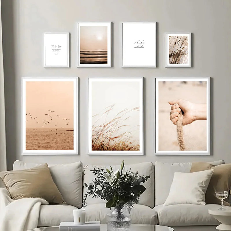 paysage nordique plage mouette roseau art déco affiche