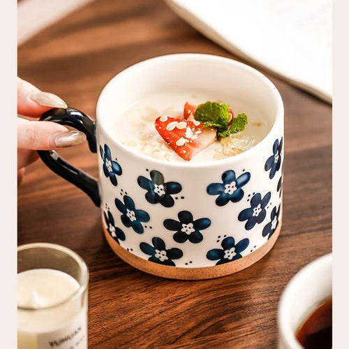 Mug ceramique japonais retro fleurs cerisier peint main