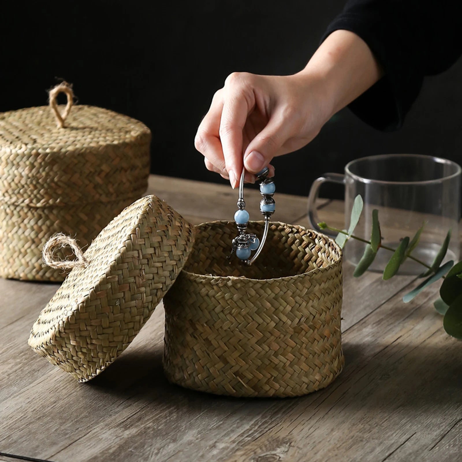 panier de rangement en rotin tissé fait main avec couvercle - vue 2 sur 7
