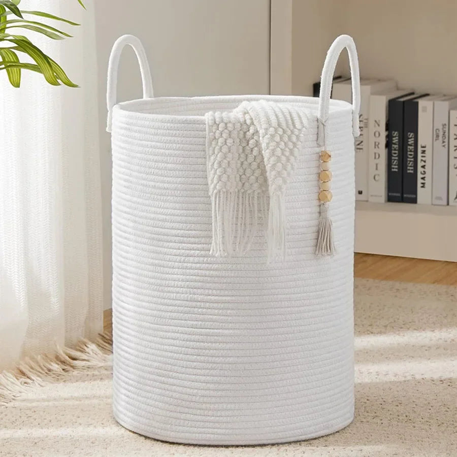 grand panier de rangement tissé avec poignées en coton pliable