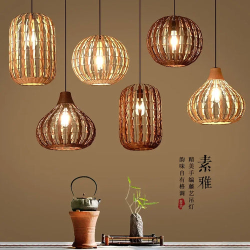 Plafonnier rétro en rotin tissé rond