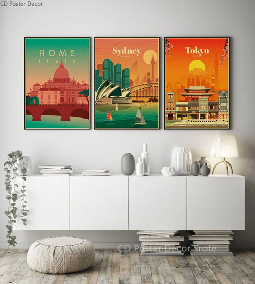 affiche rétro des villes du monde pour décoration murale