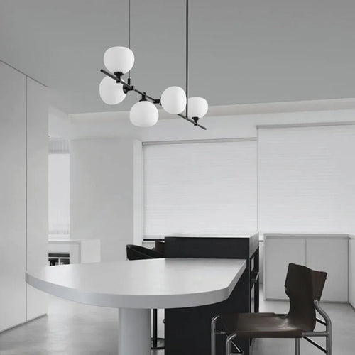 lustre réglable en hauteur avec anneaux en cuivre et verre blanc