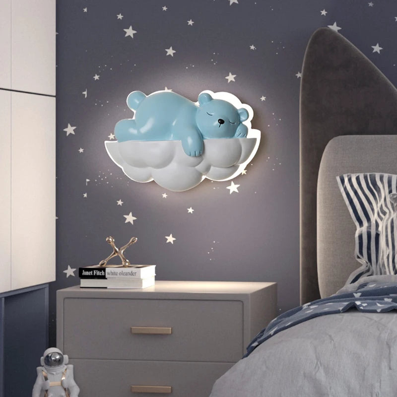 Ours polaire lumière dessin animé enfants appliques murales pour chevet télécommande gradation chambre lampe de nuit pour chambre d'enfant princesse - vue 5 sur 9