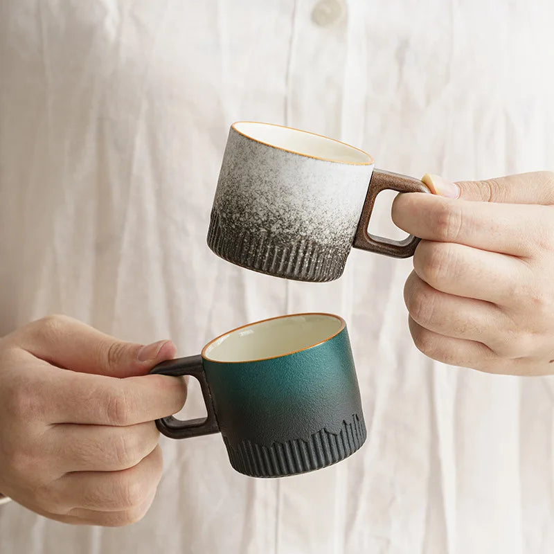 Tasse à café vintage céramique anse bois artisanale