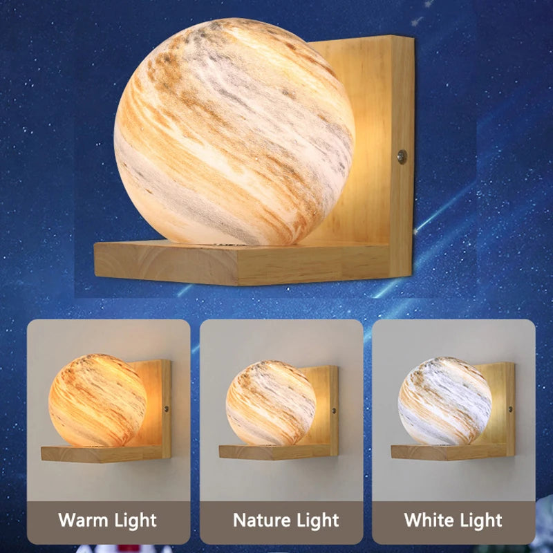 applique murale moderne en bois avec abat-jour planète led - vue 6 sur 8