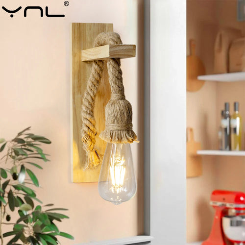 Vintage chanvre corde bois applique AC110V 220V rétro chevet applique murale chambre couloir chambre pour la décoration intérieure éclairage intérieur